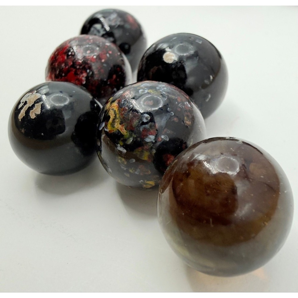 6 Speckled Confetti Glass Marbles Including 5 Black & 1 Transparent Amber-Tone